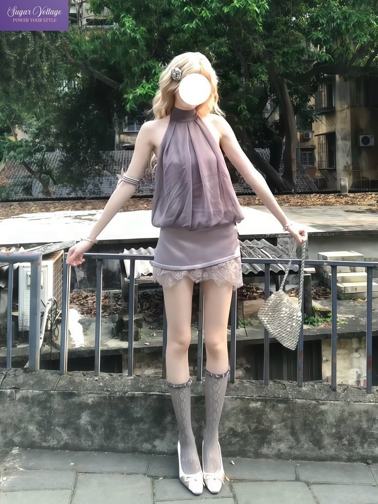 Lace Ribbon Trim - Słodki zestaw Lolita 2-częściowy damski: top